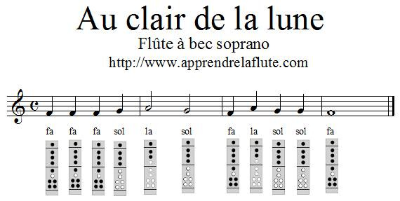 Au clair de la lune, flûte à bec, fa majeur, 4 mesures